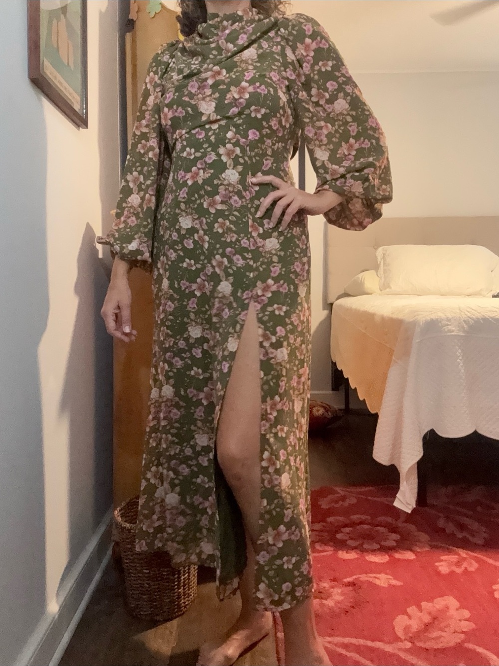 Forever 21 Olive Green Floral Maxi Dress with Pink Blossoms